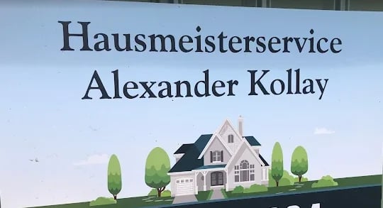 Business sign for Hausmeisterservice Alexander Kollay featuring an illustration of a two-story house with cypress trees